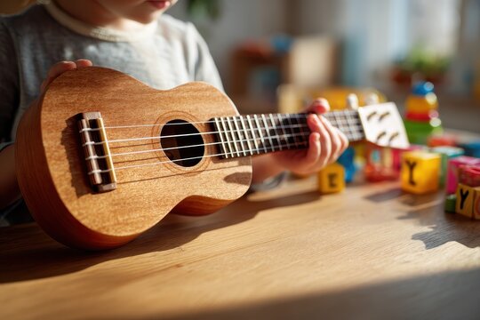 Young child focused on music, hands on a soprano ukulele at a desk with educational toys nearby