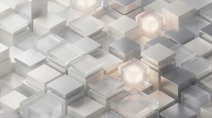 Obraz premium Abstract 3D render of interconnected frosted and metallic cubes with subtle light - ideal for technology backgrounds, data visualization, corporate presentations, and modern design projects