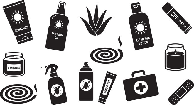 Flat of essential summer sun protection including sunscreen lotion S P F spray tanning oil after sun lotion and mosquito repellent