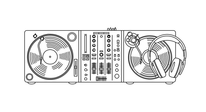 Dj controller with turntables and headphones line art illustration
