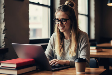Fototapeta premium Young woman wearing glasses works on a laptop in a cafe. She smiles while typing, with books and coffee nearby. Student studies at her computer, focused on online learning.