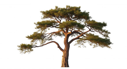 Fototapeta premium A single, pine tree with textured, rugged bark and sprawling, layered green needle branches isolated against a solid black background