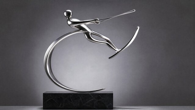 waterskier. Modern metal sculpture of a waterskier in mid-air jump, polished steel. event key visuals, club posters, designed for fitness apps and gym onboarding, supports training.