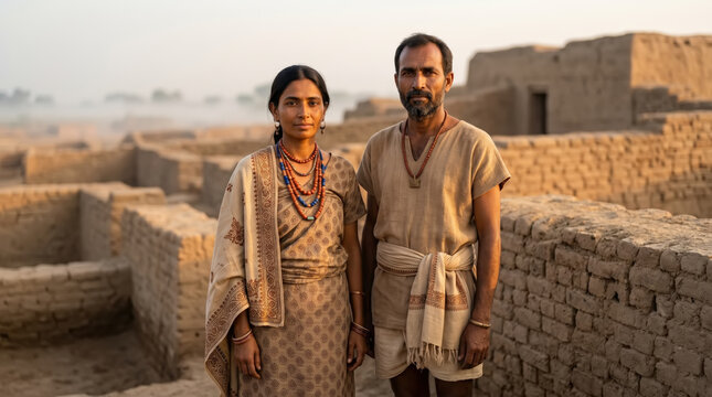 Ancient Indus Valley couple in traditional attire amidst ruins