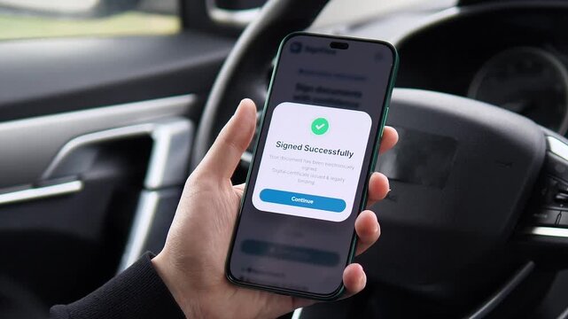 Viewing a Signed Successfully confirmation on a smartphone. The screen displays a green checkmark and confirms a legally binding electronic signature. Perfect for e-signature apps, legal tech, and