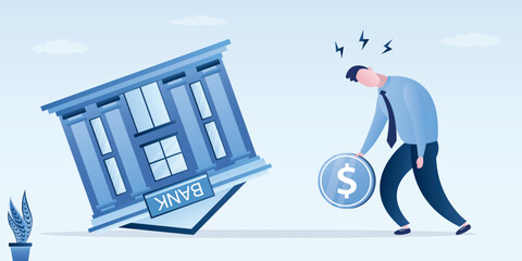 Unhappy businessman stands near tilted bank building holding last dollar coin. Stress and financial loss. Economic crisis and business failure. Poor money management. © naum