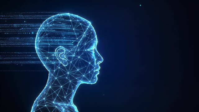 Cinematic glowing digital human head contour, wireframe neural network processing data streams, conceptualizing artificial intelligence, mind, and futuristic technology, symbolizing global