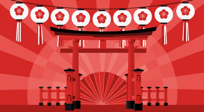 Dynamic vector illustration showcasing a traditional red Japanese torii gate and hanging lanterns, symbolizing cultural heritage and celebration