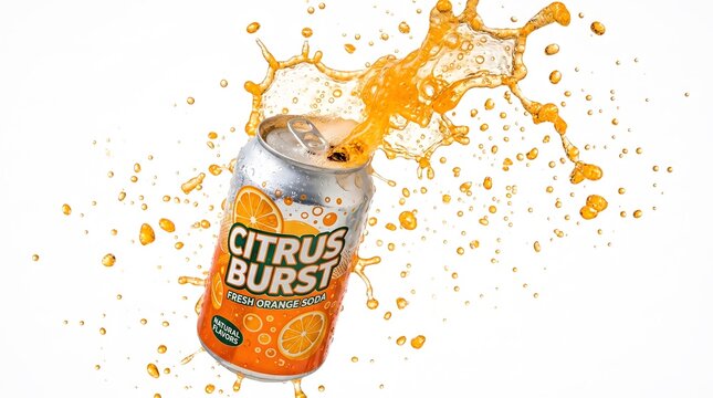 An open aluminum beverage can labeled Citrus Burst exploding with a dynamic splash of refreshing carbonated soda.