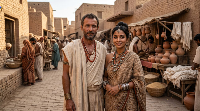 Ancient Indus Valley couple in traditional attire amidst a bustling marketplace scene