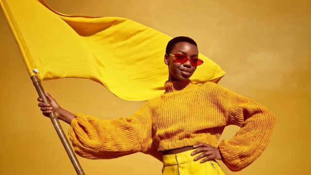 Stylish woman in yellow holding a flowing flag, vibrant fashion portrait. A confident Black woman wearing stylish sunglasses and a chunky knit sweater holds a large yellow flag