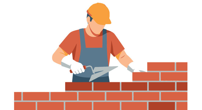 Professional Mason Laying Red Bricks with Trowel to Build a Wall, Construction Worker in Hard Hat and Overalls Vector Illustration