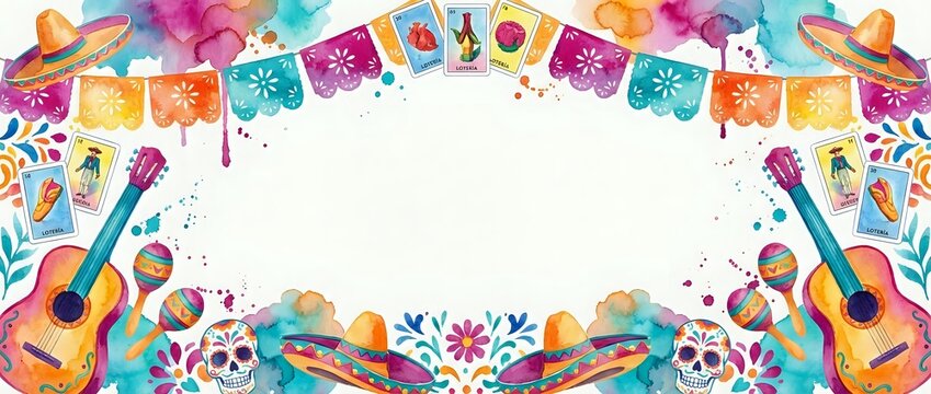 Colorful Mexican fiesta banner with guitars, skulls, maracas, sombreros, papel picado and loteria cards in vibrant watercolor style, copy space center.
