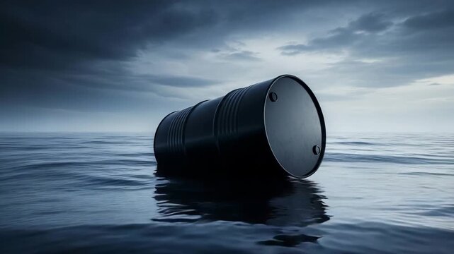 Oil Drum Adrift at Sea: A solitary black oil drum floats ominously on the dark, choppy waters under a stormy, cloud-filled sky, symbolizing environmental concerns and industrial impact.