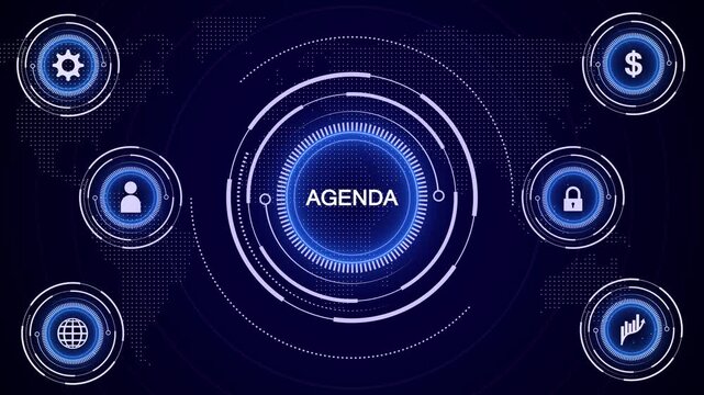 Futuristic digital interface displaying the word AGENDA in a glowing blue central circle surrounded by six circular representing global connection finance security and growth on a dark blue