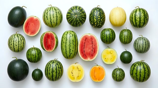 Fresh watermelons and melons arranged in organized pattern on white background showing whole fruits and cut halves revealing colorful flesh for healthy eating.