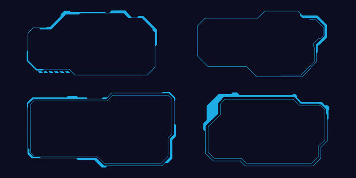 Sci-fi HUD futuristic frame and digital border templates. Vector illustration of abstract blue high-tech user interface glowing text boxes layout representing cyber gaming screen screen decor.