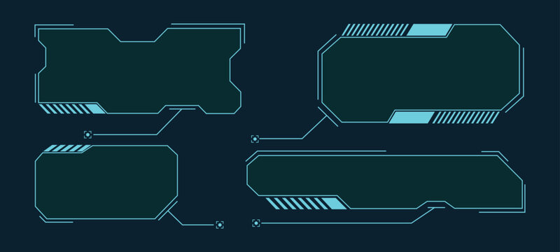 Cyberpunk HUD game UI borders and futuristic callout layouts. Vector illustration of digital sci-fi user interface screen frames with abstract cyan neon lines representing tech titles.