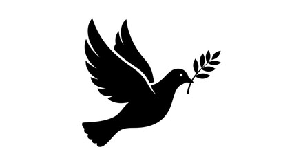 Fototapeta premium Minimalist black silhouette of a dove flying with an olive branch.