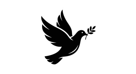 Fototapeta premium Minimalist black silhouette of a flying dove holding an olive branch.