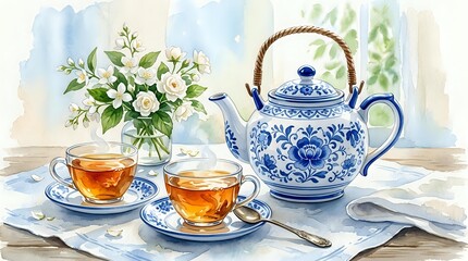 Fototapeta premium Watercolor tea set with blue and white porcelain teapot, two cups of tea, jasmine flowers on a wooden table with soft light.