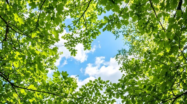 A serene daytime view looking up through lush green tree leaves towards a partly cloudy blue sky with sunlight filtering through