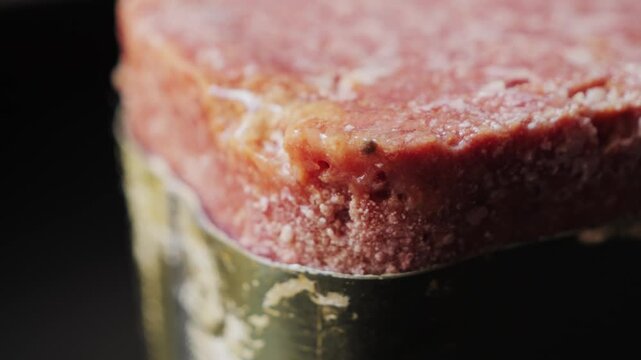 Close-up texture of canned stewed meat. Food background for camping, survival and cooking concepts. High quality 4k footage
