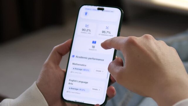 Scrolling through academic performance by subject. The user taps to view detailed scores for Mathematics, English, and Science. Ideal for illustrating grade tracking, student progress, and school