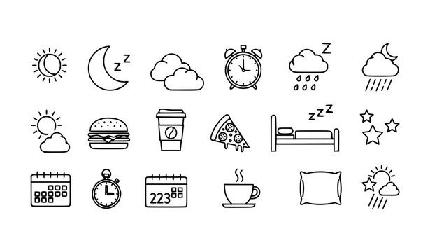 Minimal monochrome lifestyle vector icon set weather food and sleep illustrations