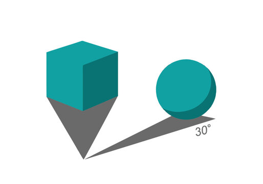 3D Geometric Shapes Cube and Sphere Casting Shadows with 30 Degree Angle Notation