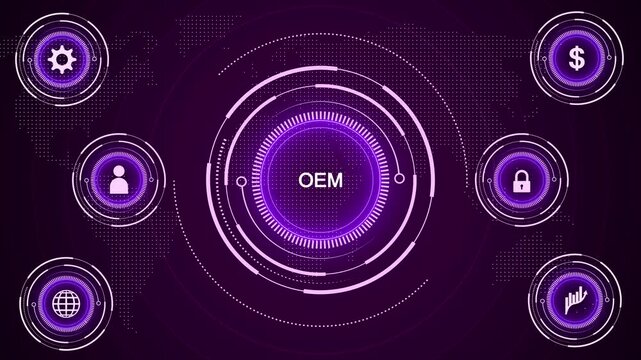 Futuristic digital interface displaying OEM in a glowing purple central circle with for global business, finance, and human resources on a dark purple map Keywords: OEM, digital, interface