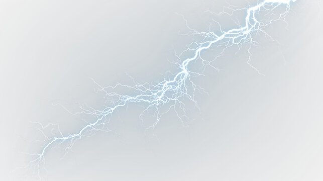 Blue and white bright lightning bolt striking the air during a storm in a clear sky with isolated on transparent background, light overlay, PNG