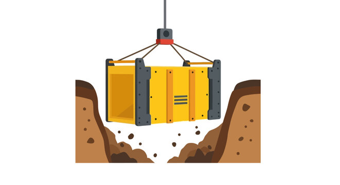 Yellow Trench Box Shoring Shield Being Lowered into an Excavated Trench for Construction Safety Illustration