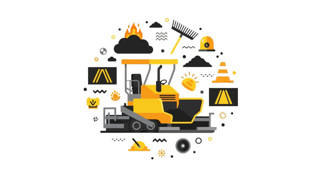 Flat Design Asphalt Paver and Road Construction Icons Vector Illustration