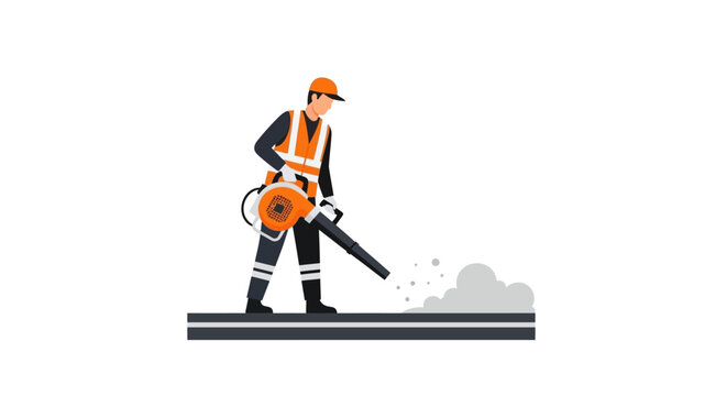 Professional Worker Using Leaf Blower for Cleaning Debris, Flat Vector Illustration of Industrial Service Maintenance Man in High-Visibility Safety Gear