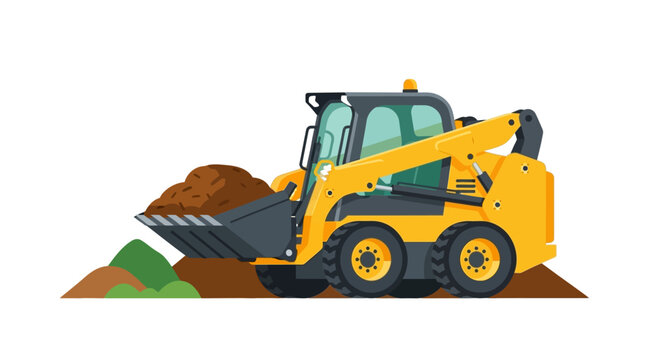 Yellow Skid Steer Loader with Bucket Full of Soil, Compact Loader Vector Illustration for Construction and Industrial Design, Isolated on White Background