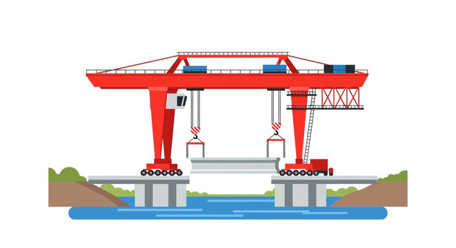 Bridge Construction Gantry Crane Vector Illustration - Heavy Machinery Lifting Concrete Beam for Infrastructure Development