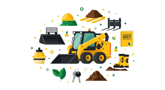 Yellow Skid Steer Loader with Construction Equipment and Safety Gear Vector Illustration