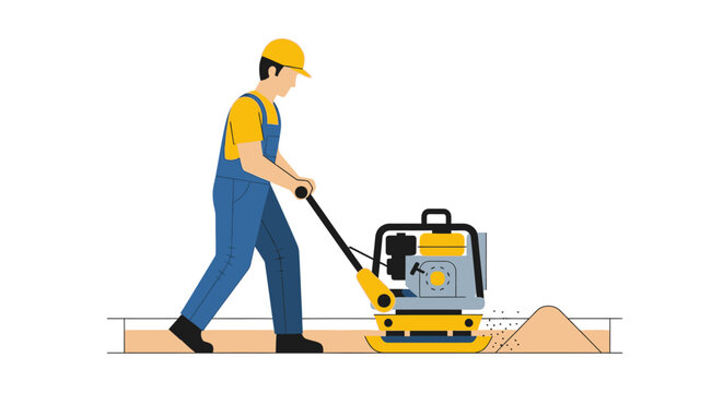 Construction Worker Operating a Plate Compactor Machine for Soil Leveling, Vector Illustration of Builder in Overalls and Hard Hat Isolated on White Background
