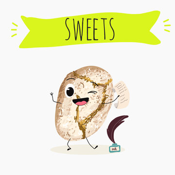 Funny Characters Ricciarelli, Torcetti, italy dessert, hand drawn vector illustration.