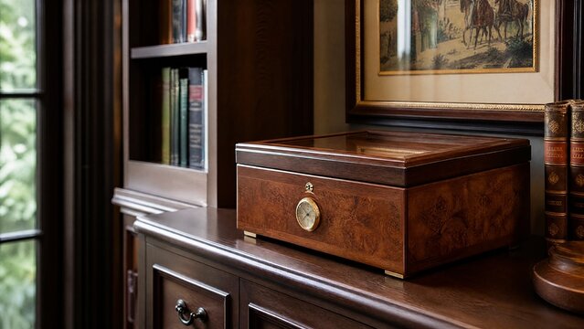 humidor. A wooden humidor on a dark cabinet in a quiet library corner, ambient light. lifestyle magazines, social media lookbooks, designed for influencer and brand collaborations.
