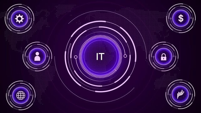 Digital interface with the word IT in a glowing purple central circle surrounded by for global business, finance, and human resources on a dark purple map Keywords: IT, digital, interface