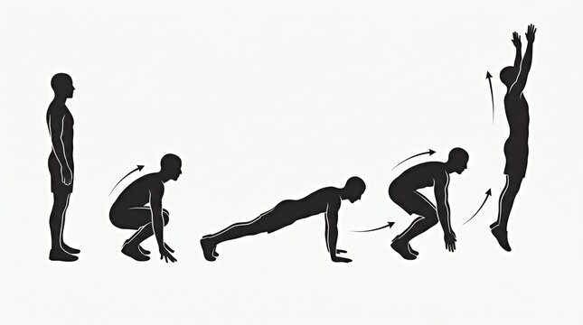 Black and White Illustration of Squat to Push up Exercise Sequence on Clean Background