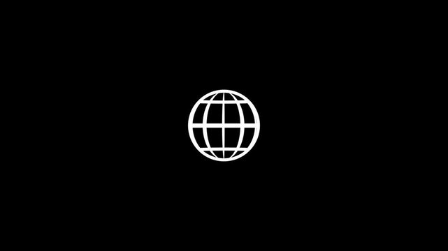A simple white outline of a globe with latitude and longitude lines centered on a solid black background representing global connectivity and the internet. Keywords: globe, earth, planet, map