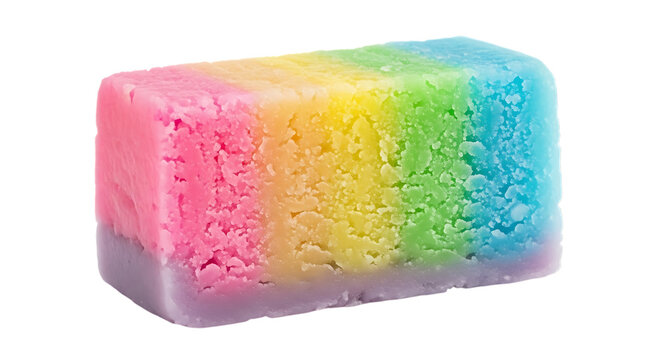 Bright rainbow colored fudge square isolated on a white background