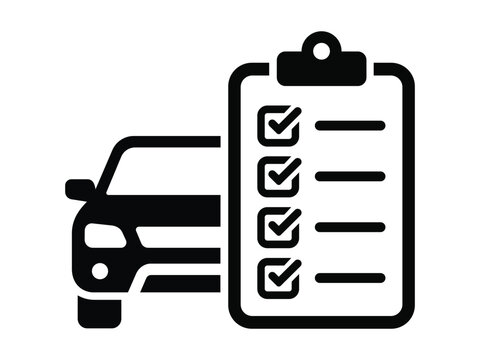 Black silhouette icon of car with clipboard checklist for automotive maintenance and vehicle inspection services.