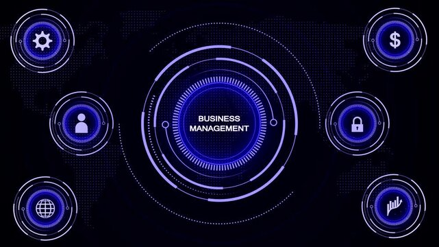 Business management digital interface with glowing blue central text and surrounding for global finance human resources and security on a dark map Keywords: BUSINESMANAGEMENT