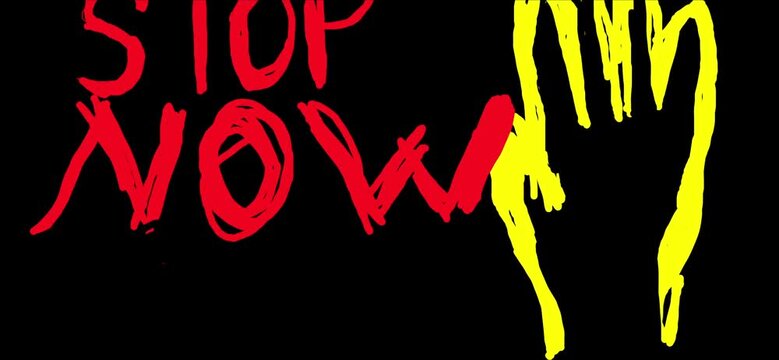  Hand drawn doodle animation text Stop Now with open hand palm symbol, black background