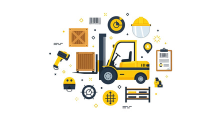 Naklejka premium Modern Logistics and Warehouse Management Illustration Featuring Forklift, Inventory Crates, and Industrial Safety Equipment on White Background