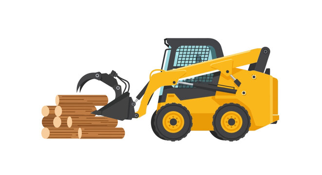 Yellow Skid Steer Loader with Log Grapple Attachment Picking Up Wooden Logs Vector Illustration Isolated on White